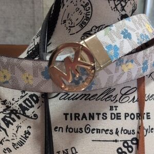 NWT Michael Kors Gold Buckle Belt with Blue and Yellow Floral Design